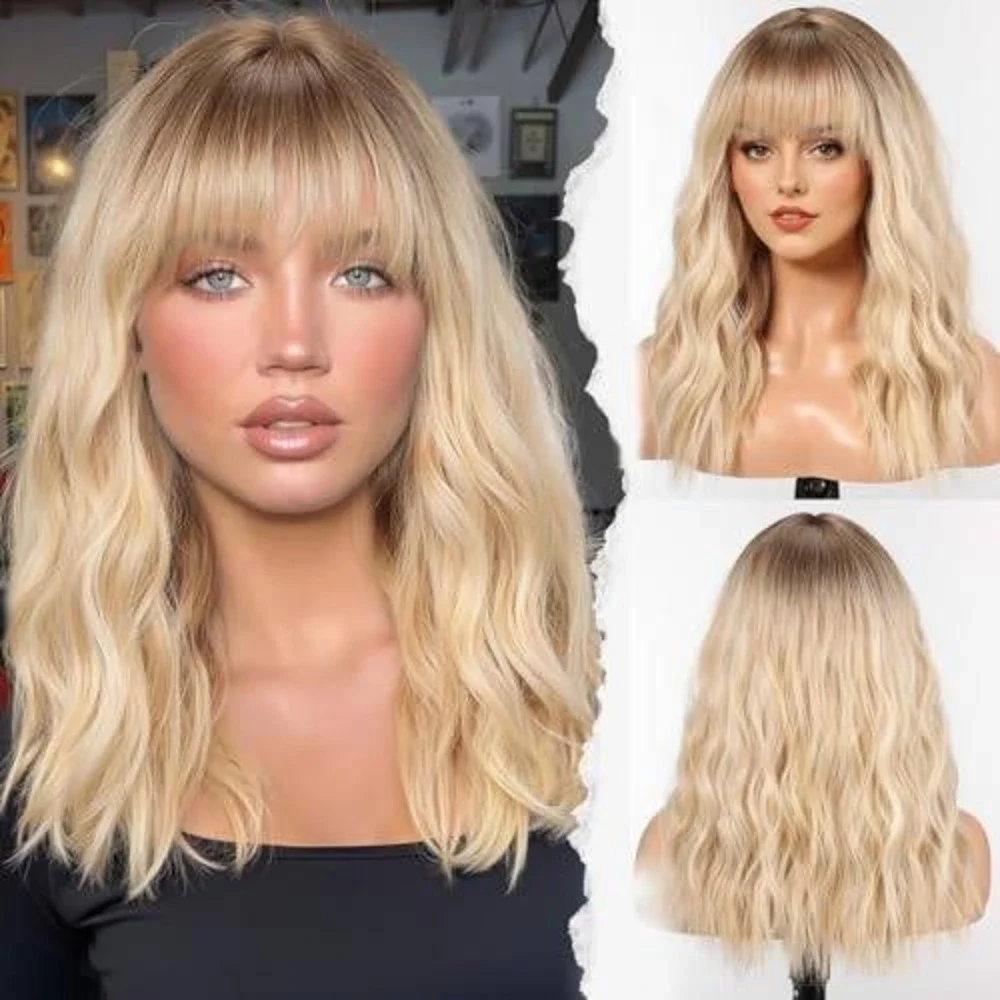 Ombre Blonde Wavy Wig with Bangs‎ Medium Length Synthetic Beach Wave Hairpiece